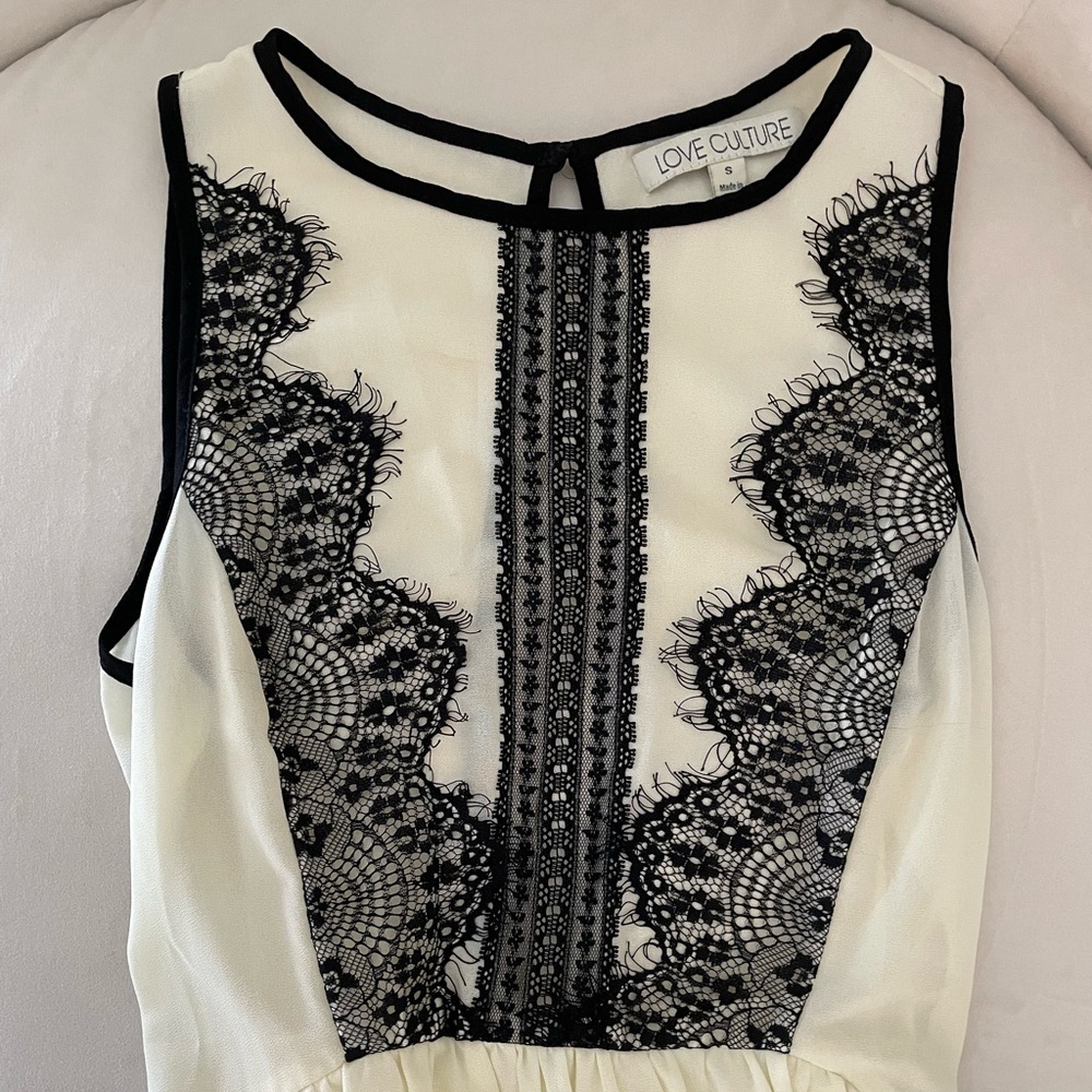 Love Culture Ivory Dress with Black Design, Shorter in the Front, Longer back Sm